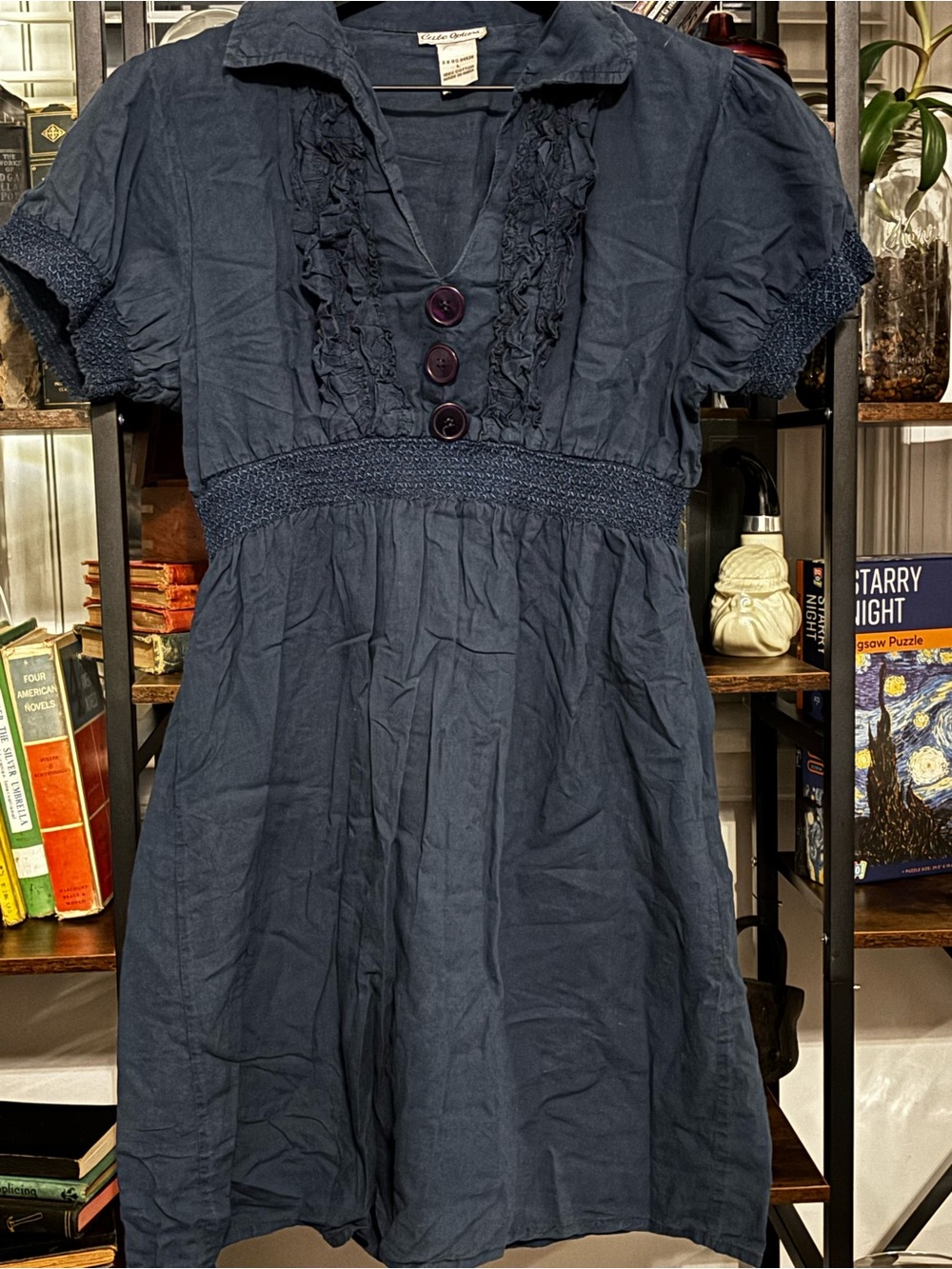 Navy Smocked-Waist Midi Dress with Ruffle Detail